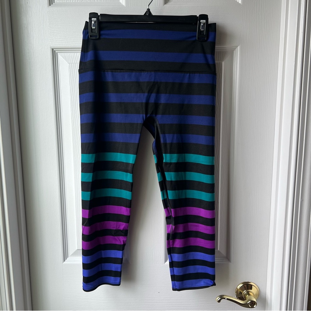 K-DEER Black Capri Leggings with Blue, Teal & Purple Stripes